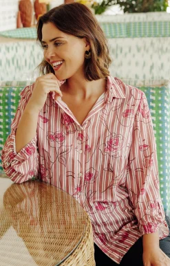 Chemise rayée imprimée visages et fleurs