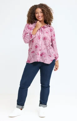 Chemise rayée imprimée visages et fleurs