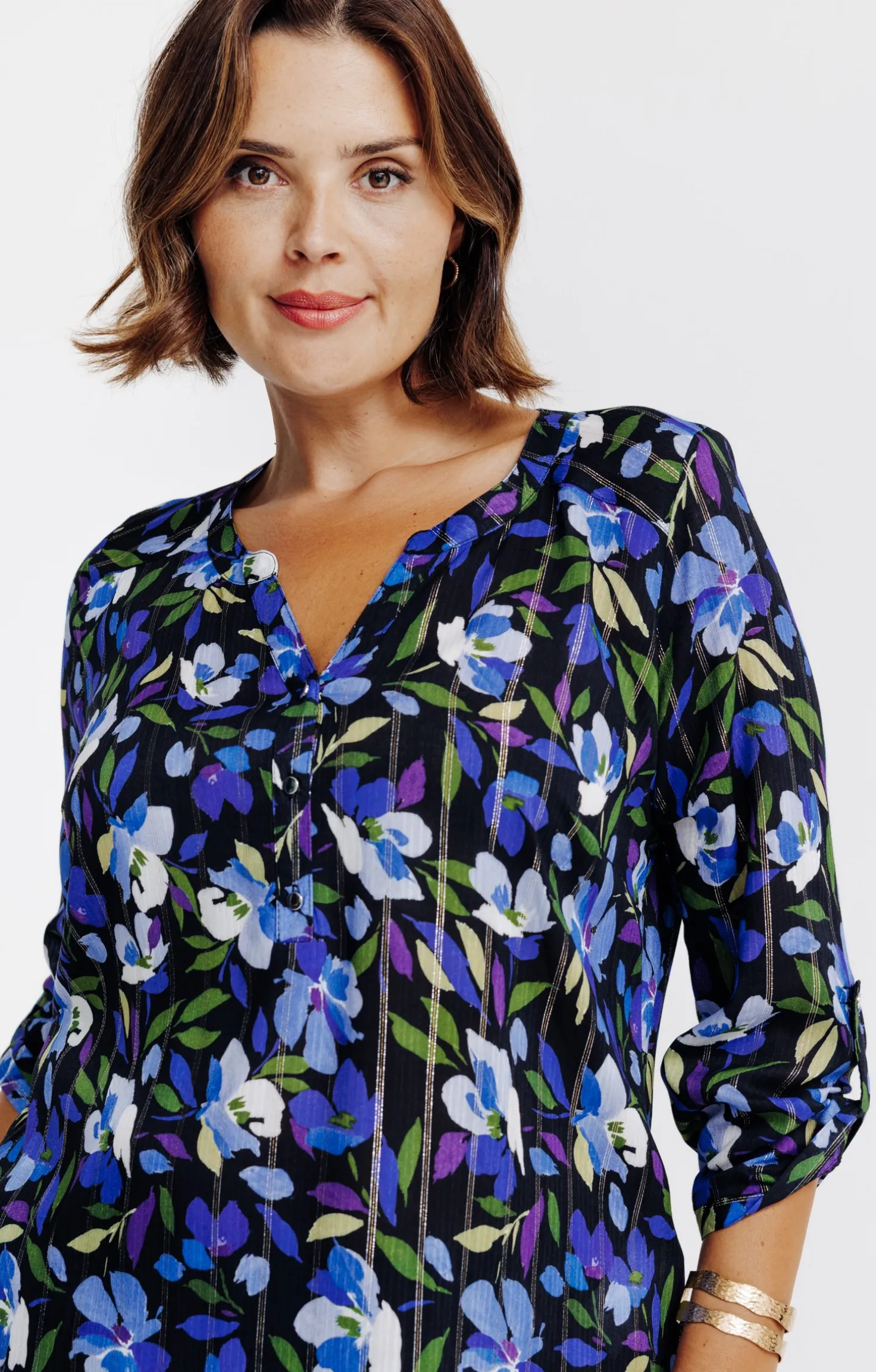 Chemisier imprimé fleuri et fils lurex