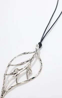 Sautoir grosse feuille silver