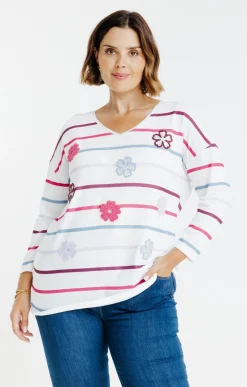 Tee-shirt maille chaude rayé et fleurs