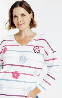 Tee-shirt maille chaude rayé et fleurs
